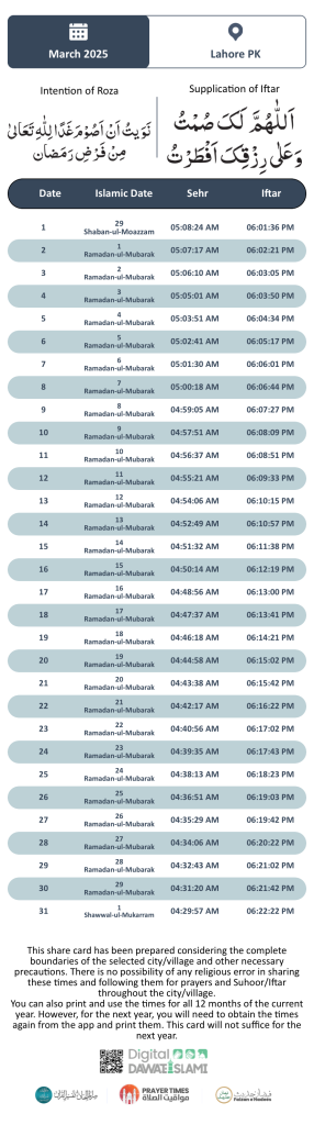 lahore sehri and iftar timing ramadan 2025 calender